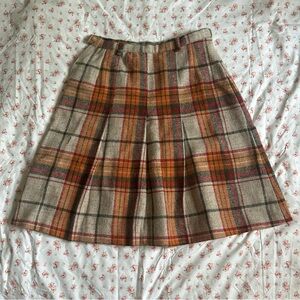 Vintage orange, green, red, and cream plaid pleated midi skirt